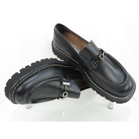 NIB FERRAGAMO IGNAZIO BLACK LEATHER GANCIO BIT LOGO LUG PLATFORM LOAFERS 10 M - Picture 9 of 14
